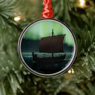 Viking Ship and Northern Lights Metalen Ornament