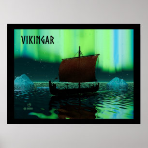 Viking Ship and Northern Lights Poster