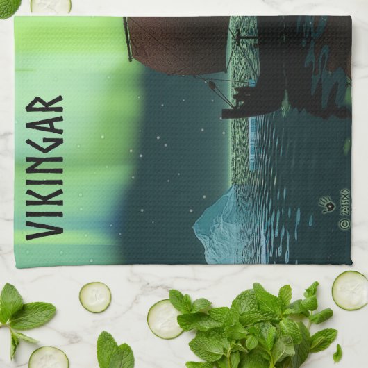 Viking Ship and Northern Lights Theedoek (Gevouwen)