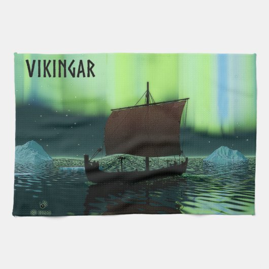 Viking Ship and Northern Lights Theedoek (Horizontaal)
