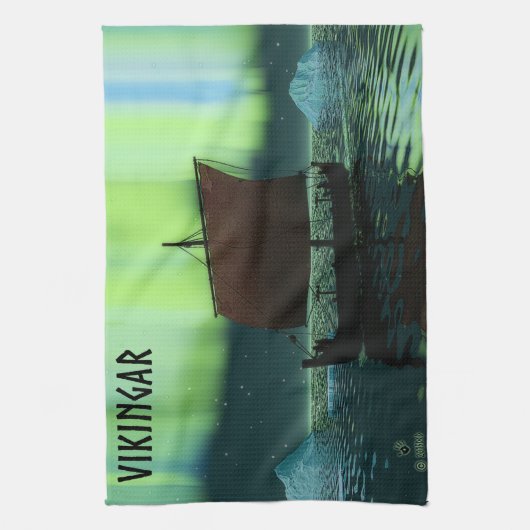 Viking Ship and Northern Lights Theedoek (Verticaal)