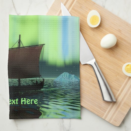 Viking Ship and Northern Lights Theedoek (Quarter Fold)