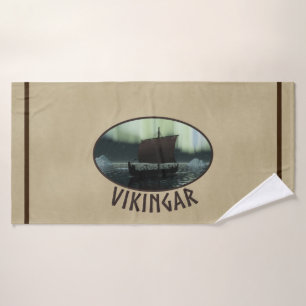 Viking Ship under Northern Lights Badhanddoek