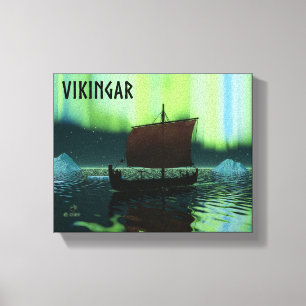 Viking Ship under Northern Lights Canvas Afdruk