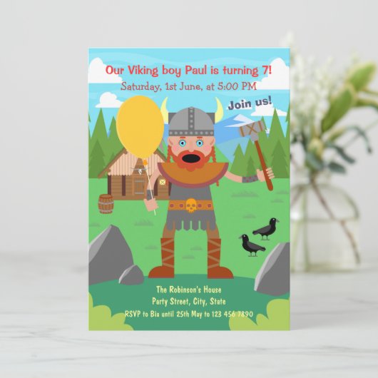 Viking vader met ballon roept feestje bij elkaar kaart (Staand voorkant)