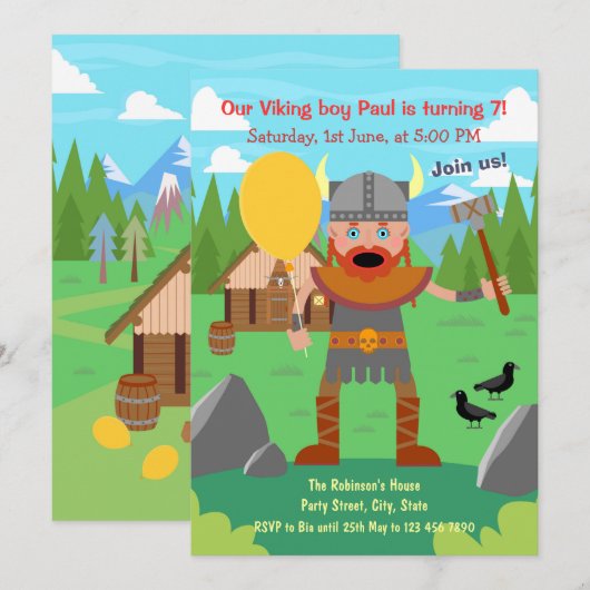 Viking vader met ballon roept op tot feestje kaart (Voorkant / Achterkant)