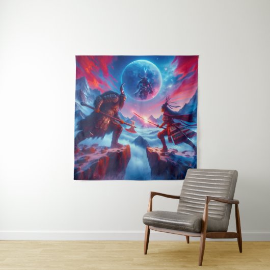 Viking vs Samurai: botsen onder de blauwe maan Wandkleed (In situ)