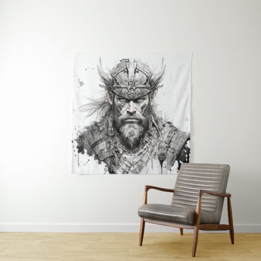 Viking Warrior Portret Schilderen Historisch Stoer Wandkleed (In situ)