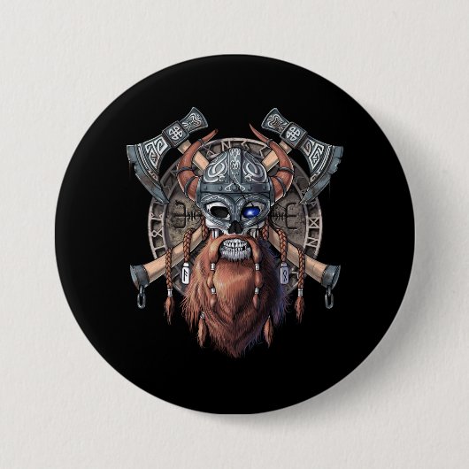 Viking Warrior Skull Ronde Button 7,6 Cm (Voorkant)