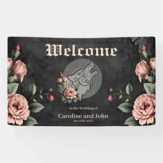 Viking Wolf en Rozen. Een gestileerde wolfskop, Spandoek (Horizontaal)