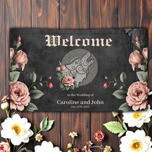 Viking Wolf en Rozen. Een gestileerde wolfskop, Spandoek