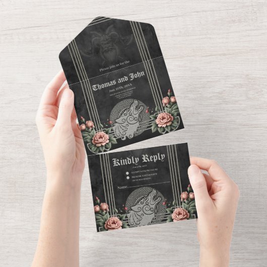 Viking Wolf en Rozen. Het hoofd van een gestileerd All In One Uitnodiging (Afscheurbaar)