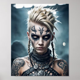 Viking zorgzame vrouw met rune tattoo en oorlogste poster