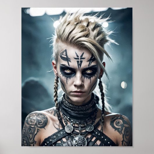 Viking zorgzame vrouw met rune tattoo en oorlogste poster (Voorkant)