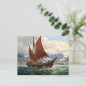 Vikingboot vaart op Noord-zee. IJslands Briefkaart (Staand voorkant)