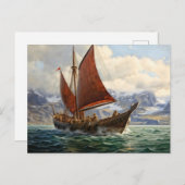 Vikingboot vaart op Noord-zee. IJslands Briefkaart (Voorkant / Achterkant)