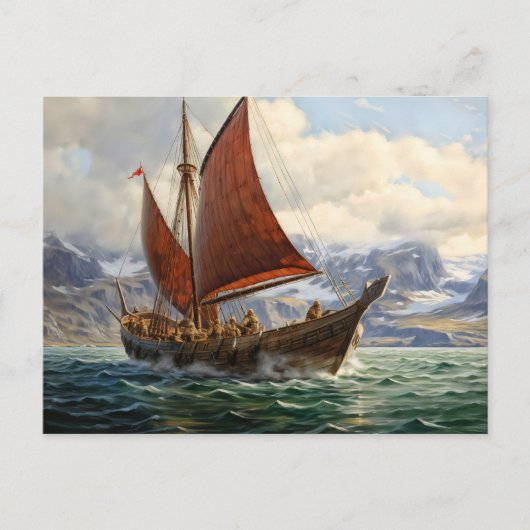 Vikingboot vaart op Noord-zee. IJslands Briefkaart (Voorkant)