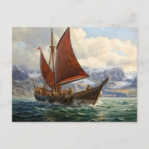 Vikingboot zeilt op noordelijke zee. IJslands Briefkaart