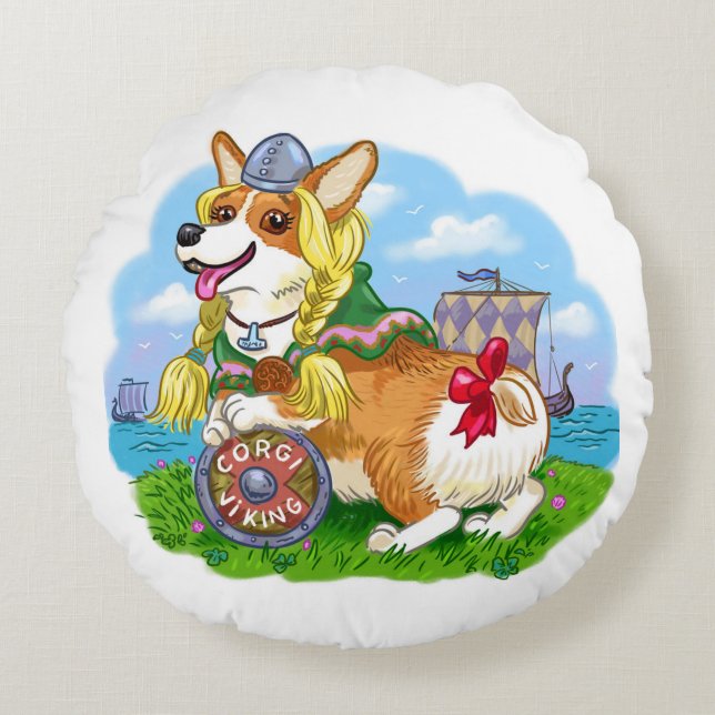 vikingcorgi rond kussen (Voorkant)