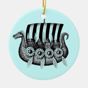 Vikingen in Drekar zwarte en witte peninkttekening Keramisch Ornament