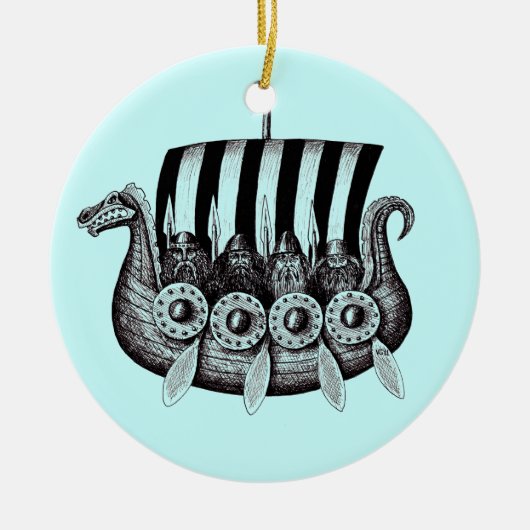 Vikingen in Drekar zwarte en witte peninkttekening Keramisch Ornament (Voorkant)