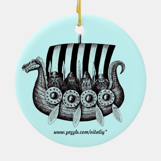 Vikingen in Drekar zwarte en witte peninkttekening Keramisch Ornament (Achterkant)