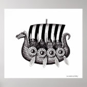Vikingen in Drekar zwarte en witte peninkttekening Poster (Voorkant)