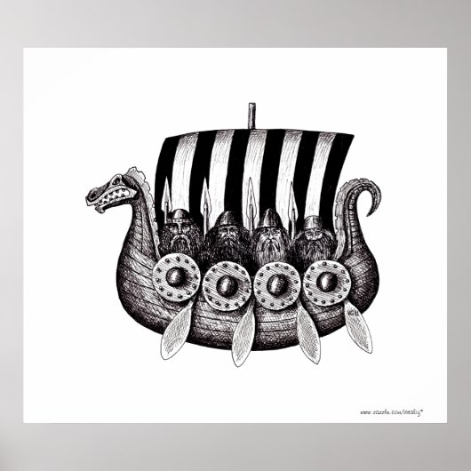 Vikingen in Drekar zwarte en witte peninkttekening Poster (Voorkant)