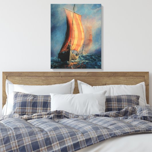 Vikingschip op Zee / Oceaan in mist, zeilen Canvas Afdruk (Insitu (Slaapkamer))