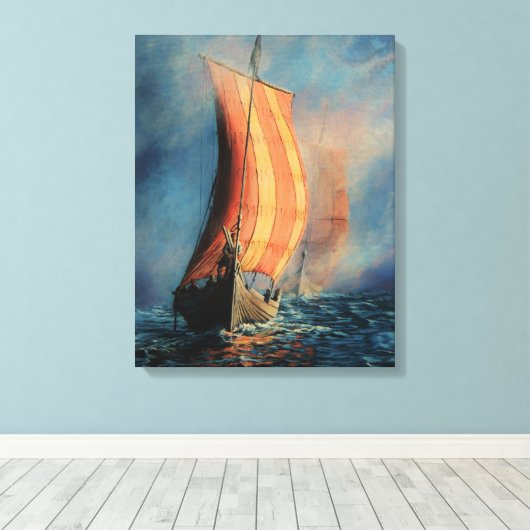Vikingschip op Zee / Oceaan in mist, zeilen Canvas Afdruk (Insitu (Houten vloer))
