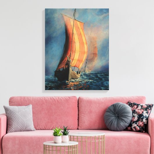 Vikingschip op Zee / Oceaan in mist, zeilen Canvas Afdruk (Insitu (Woonkamer))
