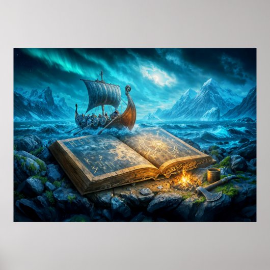 Vikingschip vaart uit oud boek poster (Voorkant)