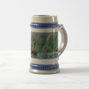 Vikingschip zeilen, Zee mist, Viking mannen vissen Bierpul