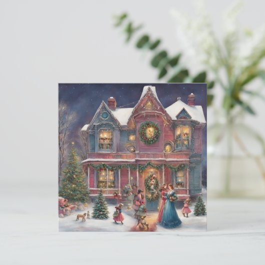 Viktoriaans huis, dames, kinderen op kerstavond feestdagenkaart (Staand voorkant)