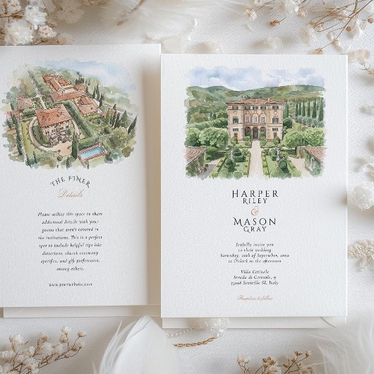 Villa Cetinale Toscane Watercolor Bruiloft Kaart