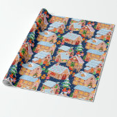 Village (blauw) cadeaupapier (Uitgerold)