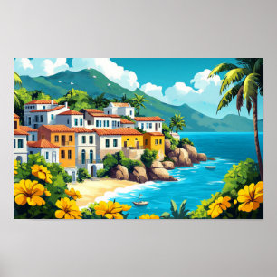 Village Houses Illustratie Aquarel Tekening Poster