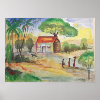 Village Landscape Watercolor – Rural Wall Art Poster
