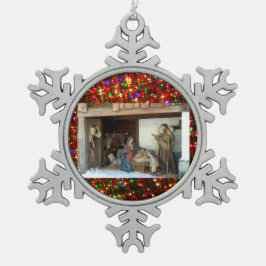 Village Nativity Under Canopy Meerkleurige sterren Tin Sneeuwvlok Ornament