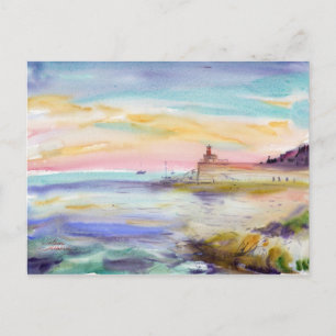 Villefranche Vuurtoren Zonsondergang Aquarel Briefkaart