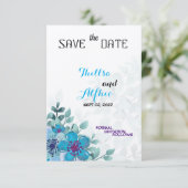 Vilt Ecru Papier Blauwe Bloem Bloem Bewaar de Datu Save The Date (Staand voorkant)
