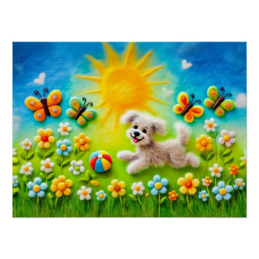 Vilt hond rent achter bal in weide perfect poster (Voorkant)
