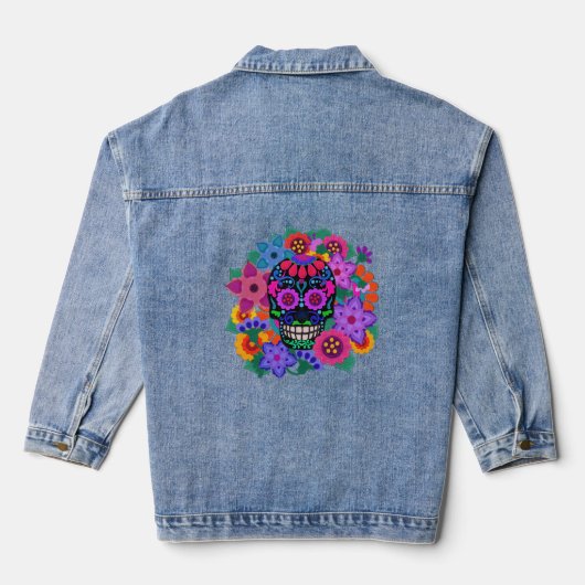 Vilt Look Suiker Schedel met Bloemen Mooi Denim Jacket (Achterkant)