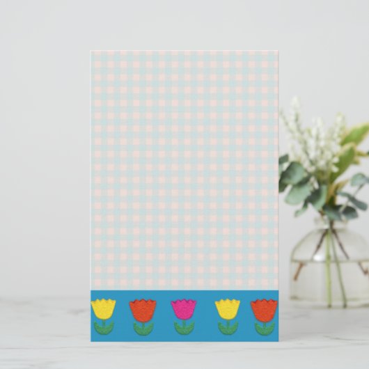 Vilt Look Tulpen en Gingham Checks Landelijke Stij Briefpapier (Staand voorkant)