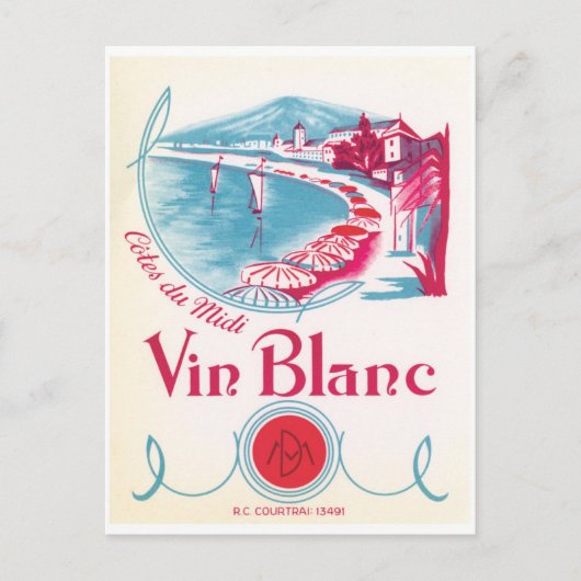 Vin Blanc White Wine Pink Blue Cream  Label Briefkaart (Voorkant)
