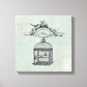 Vinage Franse Vogelkooi en vogel uitgerekt canvas Afdruk