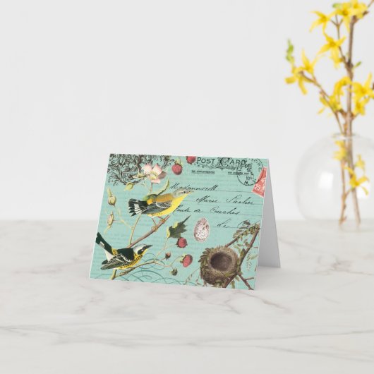 Vinage Franse Vogels Notecard Kaart (Gele Bloem)