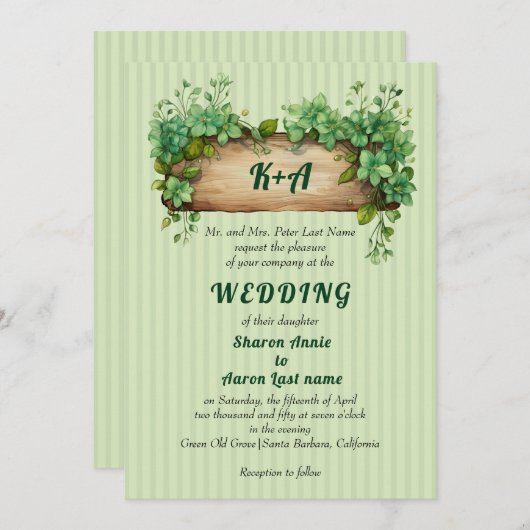 Vinage hout lijst met initialen lente bruiloft kaart (Voorkant / Achterkant)