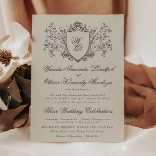 Vinatage Floral Crest Cream Houtskool Huwelijk Kaart