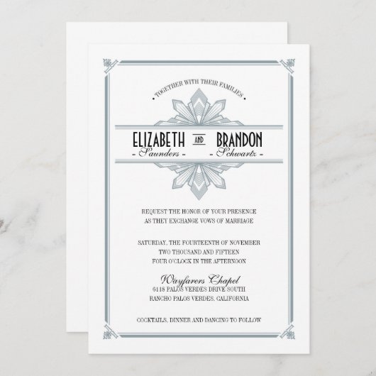 Vinatge Deco Silver & Black Wedding Invitation Kaart (Voorkant / Achterkant)